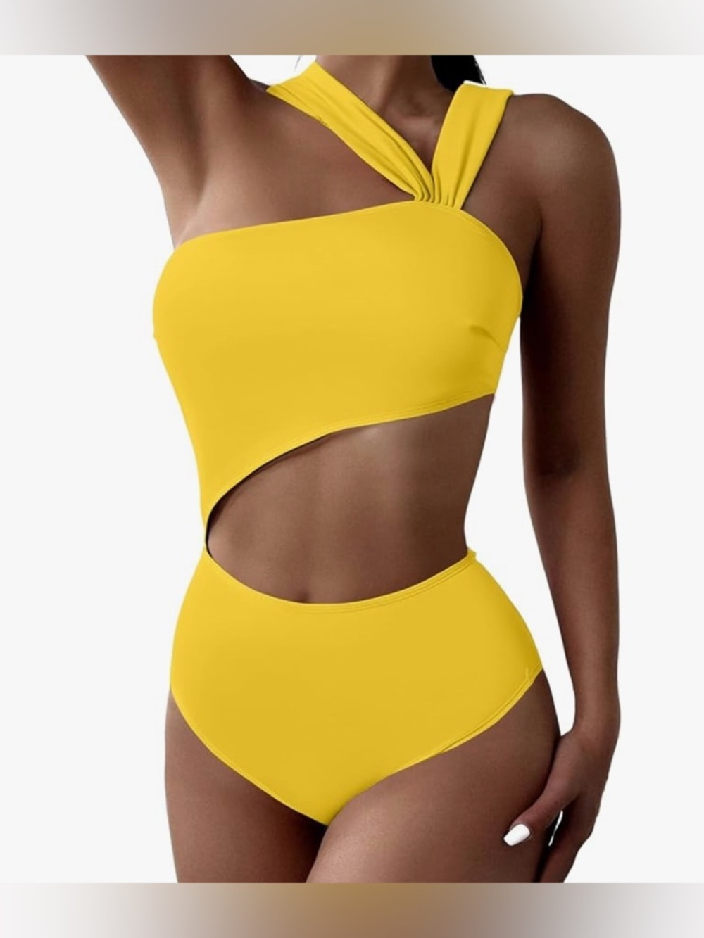 NEW-Large Yellow One-Shoulder Cutout Swimsuit highway waist full coverage